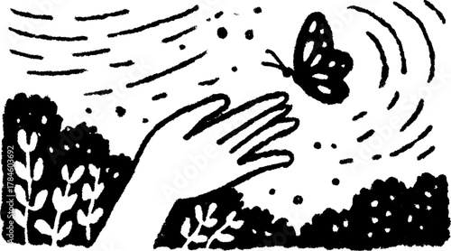 Hand reaching for a butterfly, illustrating motion and nature. Simple black and white vector illustration with organic shapes.