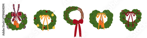 Set of Christmas wreaths. Vector round frames. Christmas wreath frame. Fir branches with Christmas decorations, ribbons, bows, bells, holly berries, and baubles.