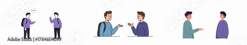 Vector illustration set showcasing young men engaging in conversation, discussion, and social interaction, suitable for modern communication concepts.