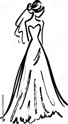 Wedding dress silhouette hand-drawn in black. Elegant design vector illustration for bridal fashion set.