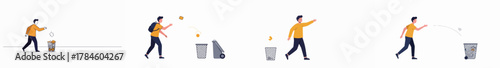 Collection of illustrations depicting men responsibly throwing garbage and waste materials into trash bins, promoting cleanliness and recycling.