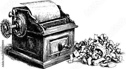 Vintage typewriter machine with a paper scroll. Detailed vector illustration shows the mechanical design and paper curls in a classic black and white format.