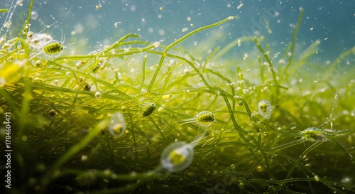 Detailed close-up of filamentous freshwater algae underwater, showing strands with tiny oxygen bubbles. Represents natural aquatic habitat and photosynthetic activity.