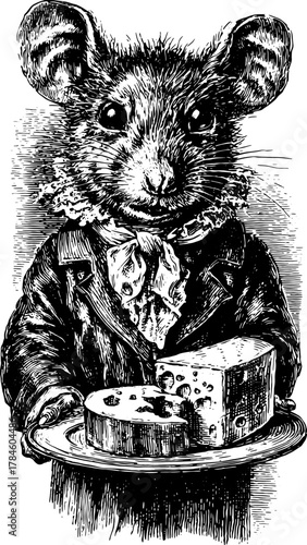Engraving of a mouse holding cheese on a plate. This vintage black illustration features a hand-drawn outline style, perfect for decorative vector art.