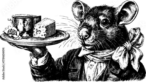 Mouse holding a plate with cheese and a cup. Vintage illustration featuring detailed black and white art style. Vector set of gourmet serving.