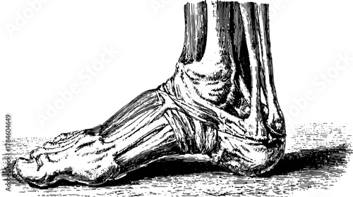 Foot anatomy illustration in vintage style, depicting detailed skeletal structure. This black and white vector illustration offers a clear outline.
