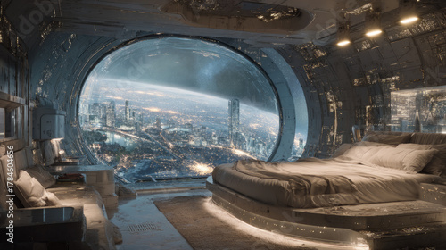Fototapeta Naklejka Na Ścianę i Meble -  futuristic space hotel room with Earth visible through panoramic window