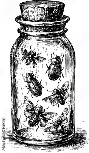 Vintage bottle containing various insects. Detailed vector illustration showcasing a scientific collection set.