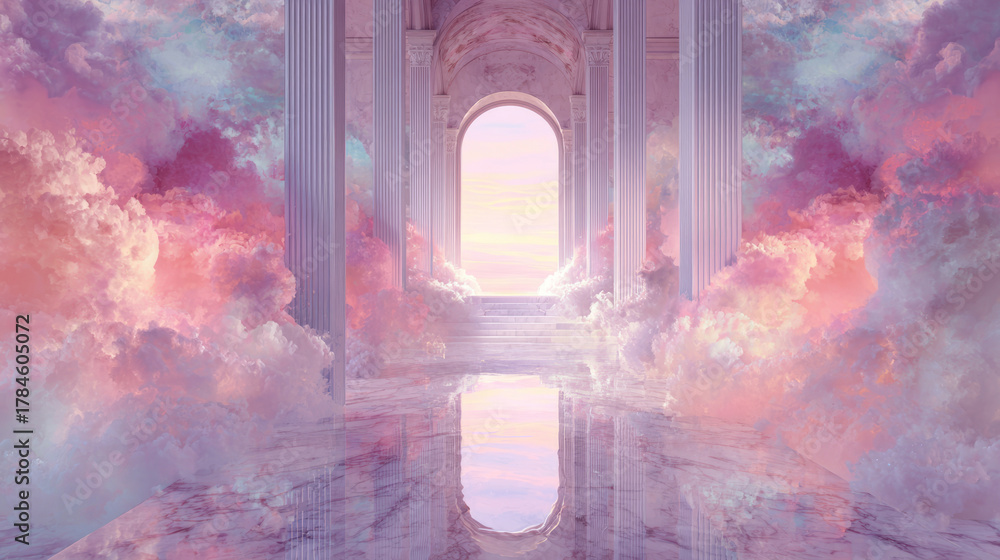 Fototapeta premium Dreamlike palace hallway surrounded by pastel clouds