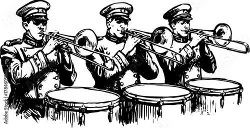 Musicians playing trombones in a vintage engraving style. Detailed vector illustration depicting a military band performance set.