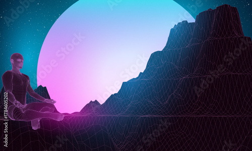 Yoga body man health polygon 3d science vector. Futuristic low poly yogi in lotus asana in alien space, meditation human silhouette, digital aura, chakra balance, zen concept. Retro digital grid