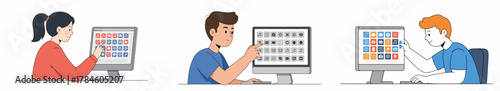 Young people interacting with desktop computers, choosing app icons, representing digital interface, software usage, UI/UX, and online communication.