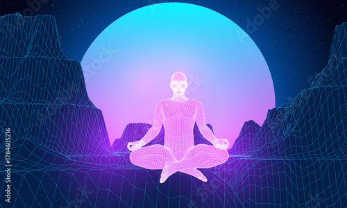 Yoga body man health polygon 3d science vector. Futuristic low poly yogi in lotus asana in alien space, meditation human silhouette, digital aura, chakra balance, zen concept. Retro digital grid