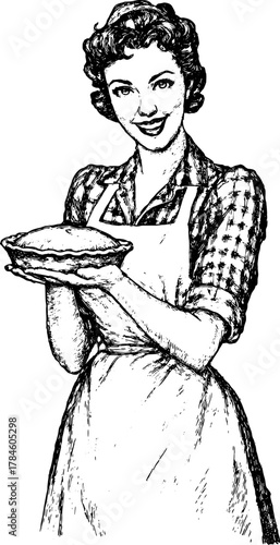 Vintage woman presenting a pie in a retro style. Black and white vector illustration featuring a cheerful character in a kitchen set.