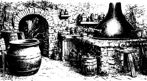 Antique kitchen engraving with a stone countertop and brewing apparatus. Includes barrels and bottles in a rustic set of vector illustrations.