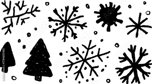 Illustration set of snowflakes and trees in black and white. Simple vector design featuring hand-drawn textures for winter themes.