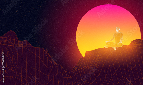 Yoga body man health polygon 3d science vector. Futuristic low poly yogi in lotus asana in alien space, meditation human silhouette, digital aura, chakra balance, zen concept. Retro digital grid