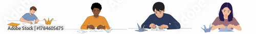 Diverse people folding paper into traditional origami cranes, demonstrating creativity, crafting, and focus.