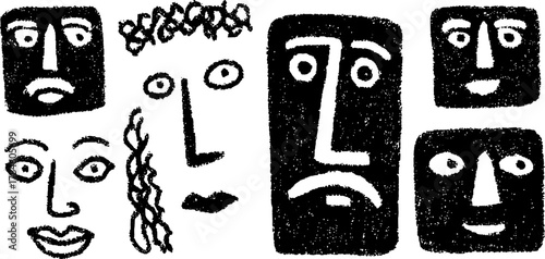 Various face drawings in black outline style. Hand-drawn illustrations featuring unique expressions in a creative vector set.