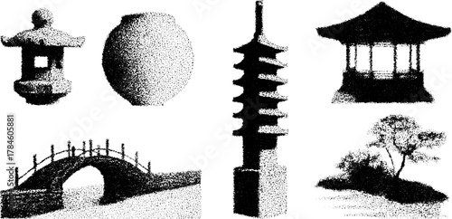 Set of Japanese elements: lantern, bridge, pavilion, and tree in a simple sepia vector illustration depicting a serene landscape.