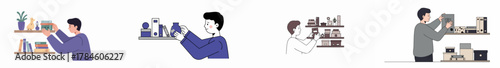 Minimalist Vector Set of People Organizing and Decorating Home Shelves, Storage, and Bookcases.