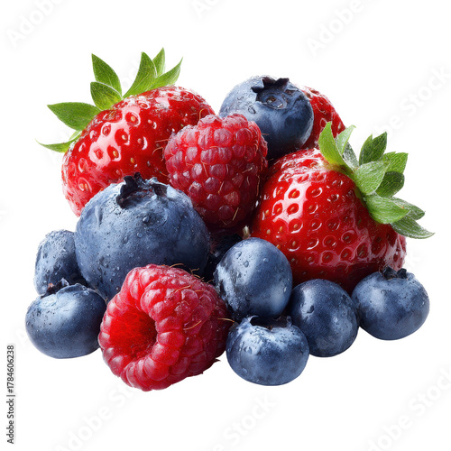 Fresh ripe strawberries blueberries and raspberries pile with water droplets isolated on black