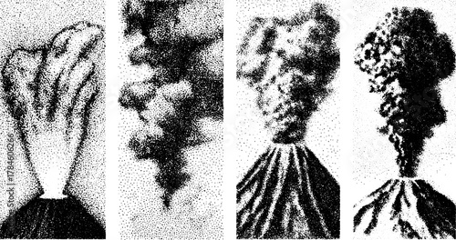 Volcano eruption with smoke clouds. Vintage black-and-white engraving vector illustration depicting detailed line drawing.