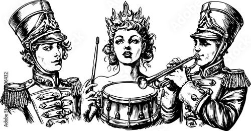 Musicians in a vintage style illustration. Featuring a drummer and a trumpeter with a woman in a crown, created as a black and white vector illustration.