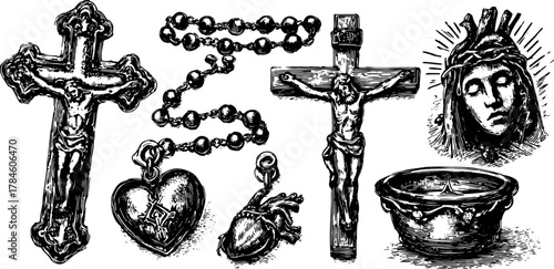 Illustration of religious symbols: cross, heart, rosary, candle, and Jesus crucifix. This vector set showcases detailed graphic representations of faith.