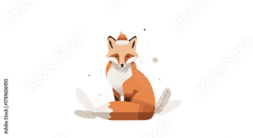Charming illustration of a sitting red fox wearing a cute winter hat. Whimsical woodland animal character design on a clean white background