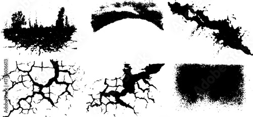 Black texture set featuring various crack patterns. Abstract vector illustration showcasing designs with detailed shapes and outlines.