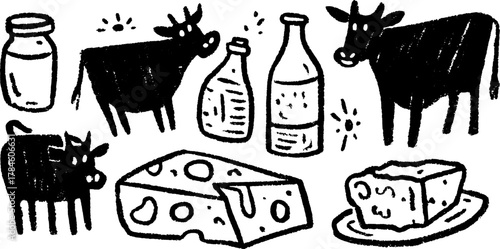 Vector illustration of dairy products in a simple hand-drawn style. Features cows, milk bottles, and cheese in a cohesive set.