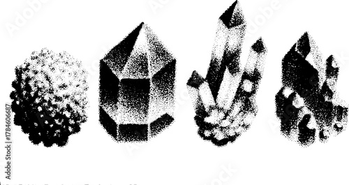 Crystal shapes in varying styles. This set features black geometric designs as vector illustrations with minimalist aesthetics.
