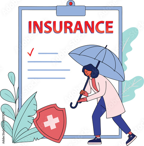 Insurance policy with umbrella and medical shield document clipboard