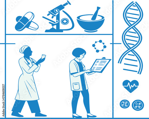 Medical research and science icons with doctors healthcare