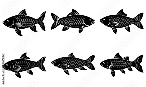 Six stylized black fish illustrations showcase aquatic life and natural beauty, perfect for design projects and educational content.