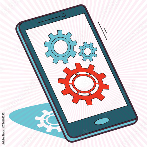 Smartphone with gears and shadow on pink background Keywords: smartphone, phone, mobile