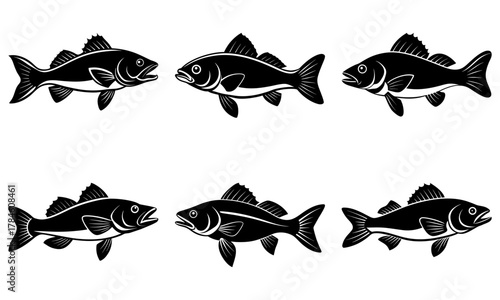 Dynamic collection of six detailed black and white fish silhouettes, perfect for nautical designs and aquatic themes.