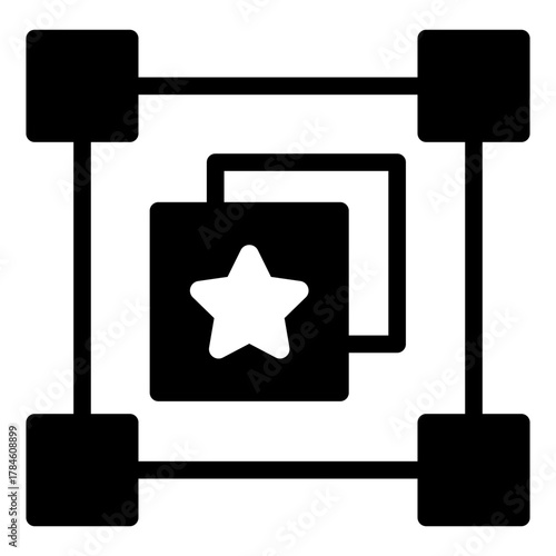 Star shape on a layer of square solid icon, osint analytics concept. Vector graphics. Overview without restrictions sign on white background, style icon mobile or web design.