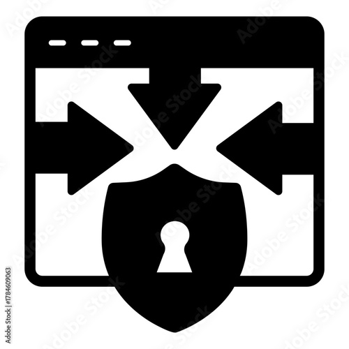Website and arrows at shield with keyhole solid icon, osint analytics concept. Vector graphics. Privacy lock, safety sign on white background, style icon mobile or web design.