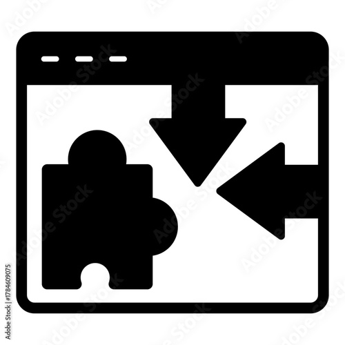 Website with arrows and puzzle piece solid icon, osint analytics concept. Vector graphics. Browser plugin sample, privacy sign on white background, style icon mobile or web design.