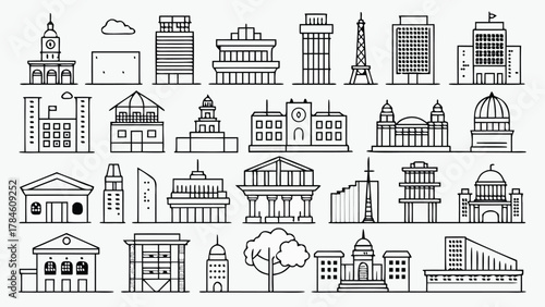 Line art illustration of a set of buildings arranged in a row, showcasing architectural details and outlines..eps
