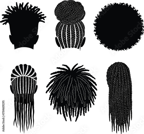 Black hair styles vector illustration dreadlocks braids afro hairstyle eps silhouette