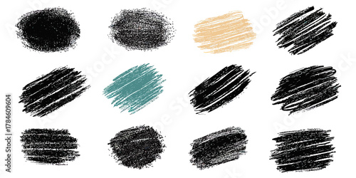 Set of hand drawn chalk texture stains and rough crayon brush strokes collection with scratch and scribble effect on white background vector illustration