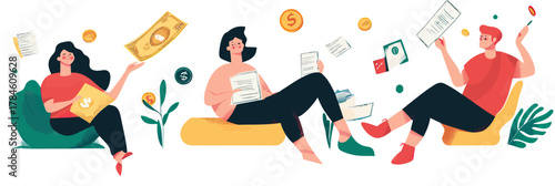 Happy people managing personal finances and budgeting documents with money and coins floating, financial planning and economic freedom concept illustration