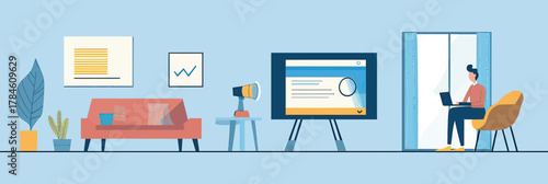 Remote work home office setup with person using laptop sitting on chair near window and modern living room interior with sofa and digital screen