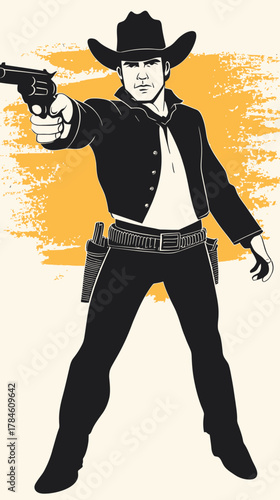 Retro cowboy with revolver shooting hand drawn vintage western outlaw wearing black hat and boots with holster vector illustration on orange background