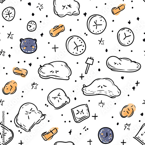 Seamless doodle pattern with tired sleepy pillows, clocks, bandages, cute sleepy bear faces and abstract sleep symbols in minimalist hand drawn style vector illustration