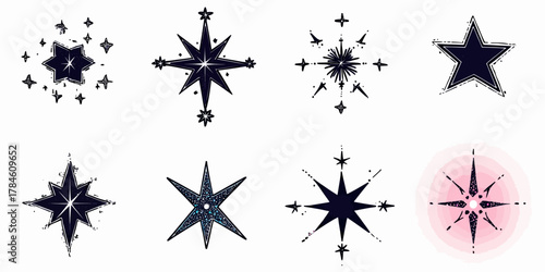 Set of eight different black star shapes with sparkle glitter shine effects and glowing light elements in minimalist doodle style vector illustration