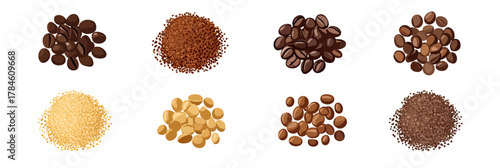 Various coffee bean and ground coffee grind sizes illustration including whole beans and coarse to fine grinds in flat minimalist style on white background